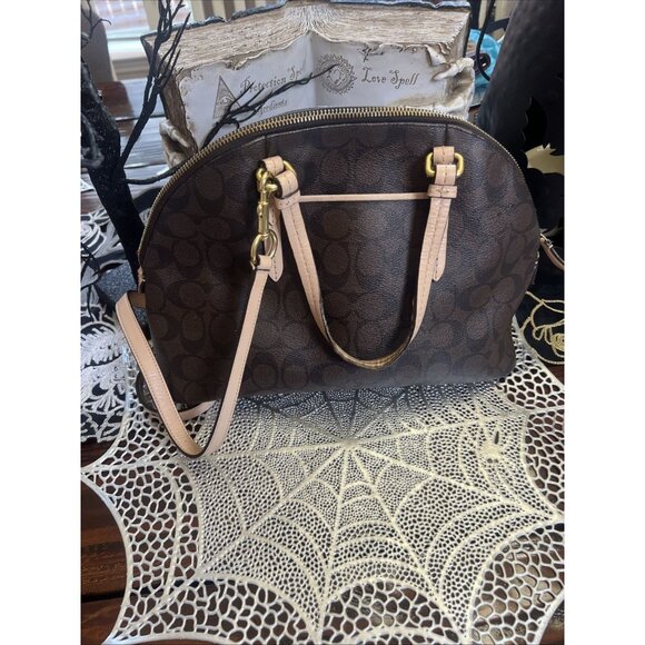 Coach Peyton Signature Cora Domed Satchel Handbag Tote Brown Tan F26184 - Picture 2 of 15